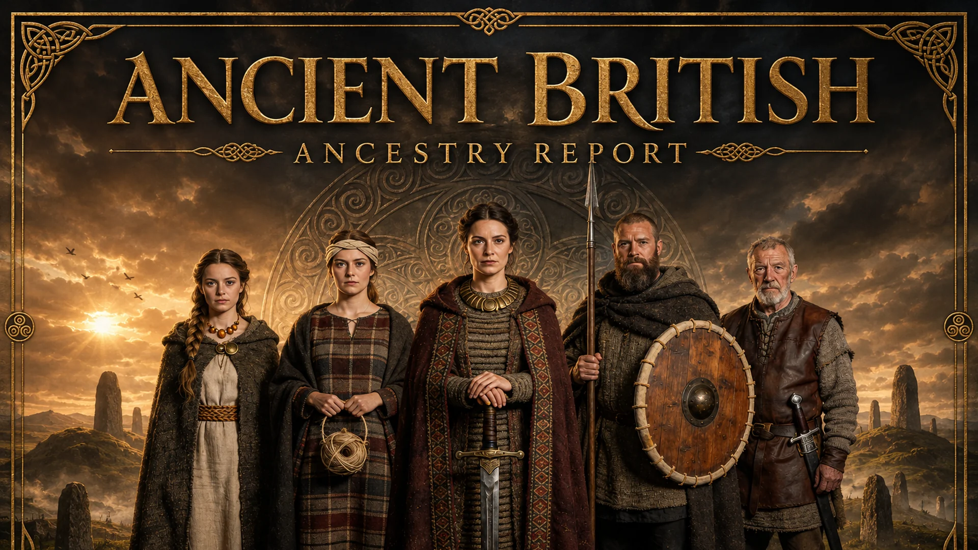 Ancient British Isles Ancestry Report hero image showing misty standing stones and ancient British landscape