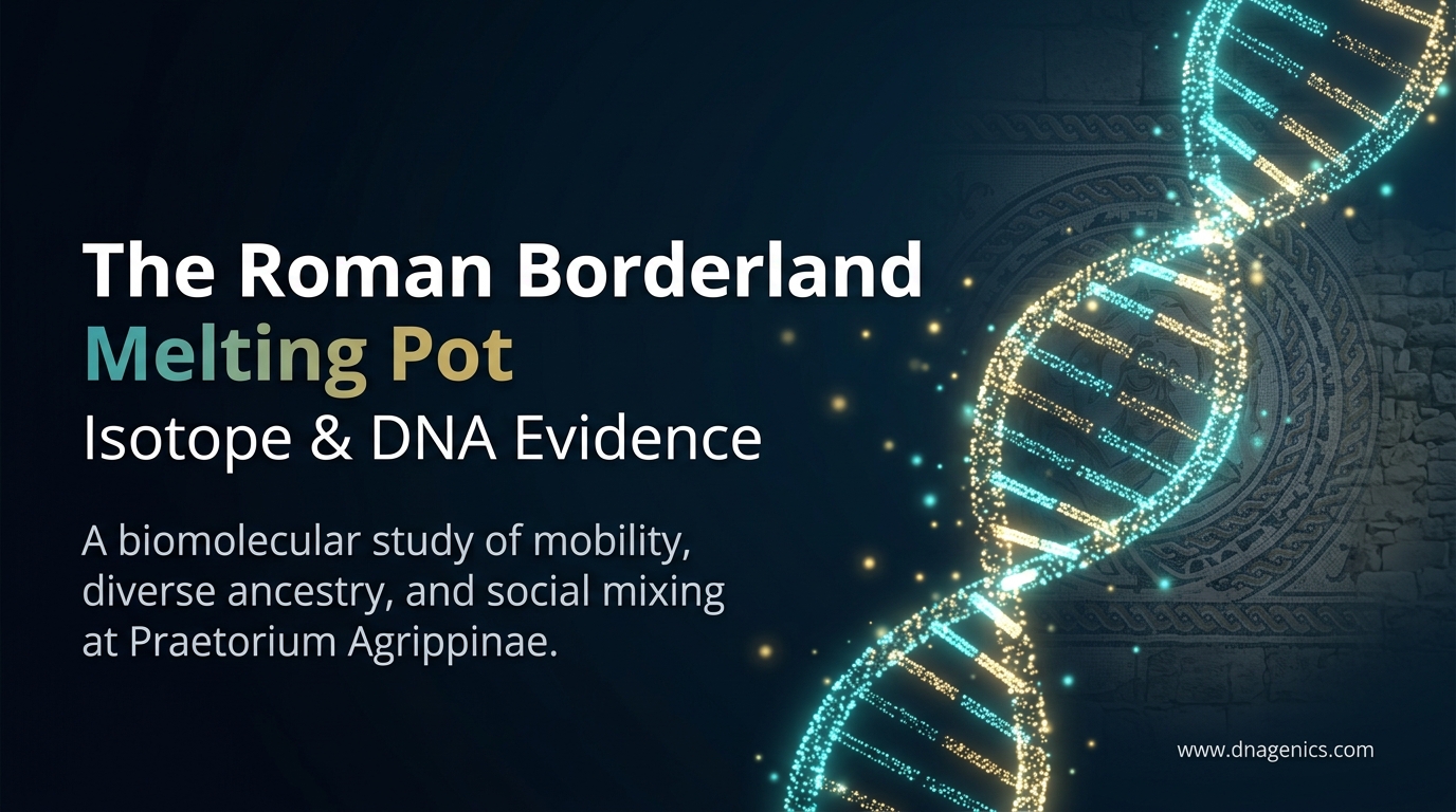 Illustration of biomolecular evidence from Praetorium Agrippinae: isotopes, ancient DNA, and pigmentation predictions.