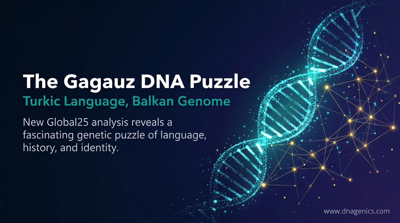Map and DNA helix illustrating the Gagauz, Balkan ancestry, and Turkic language history