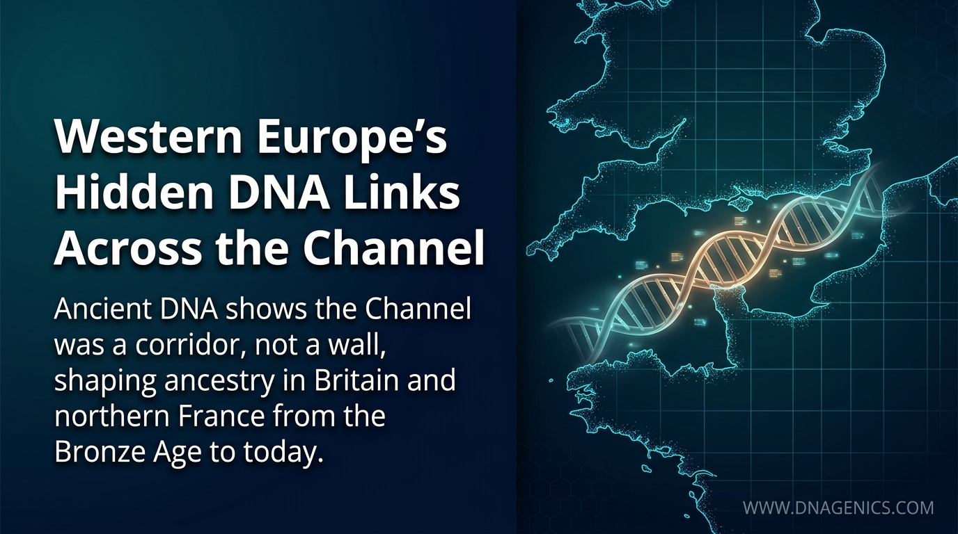 Ancient DNA map showing genetic connections between southern Britain and northern France across the English Channel