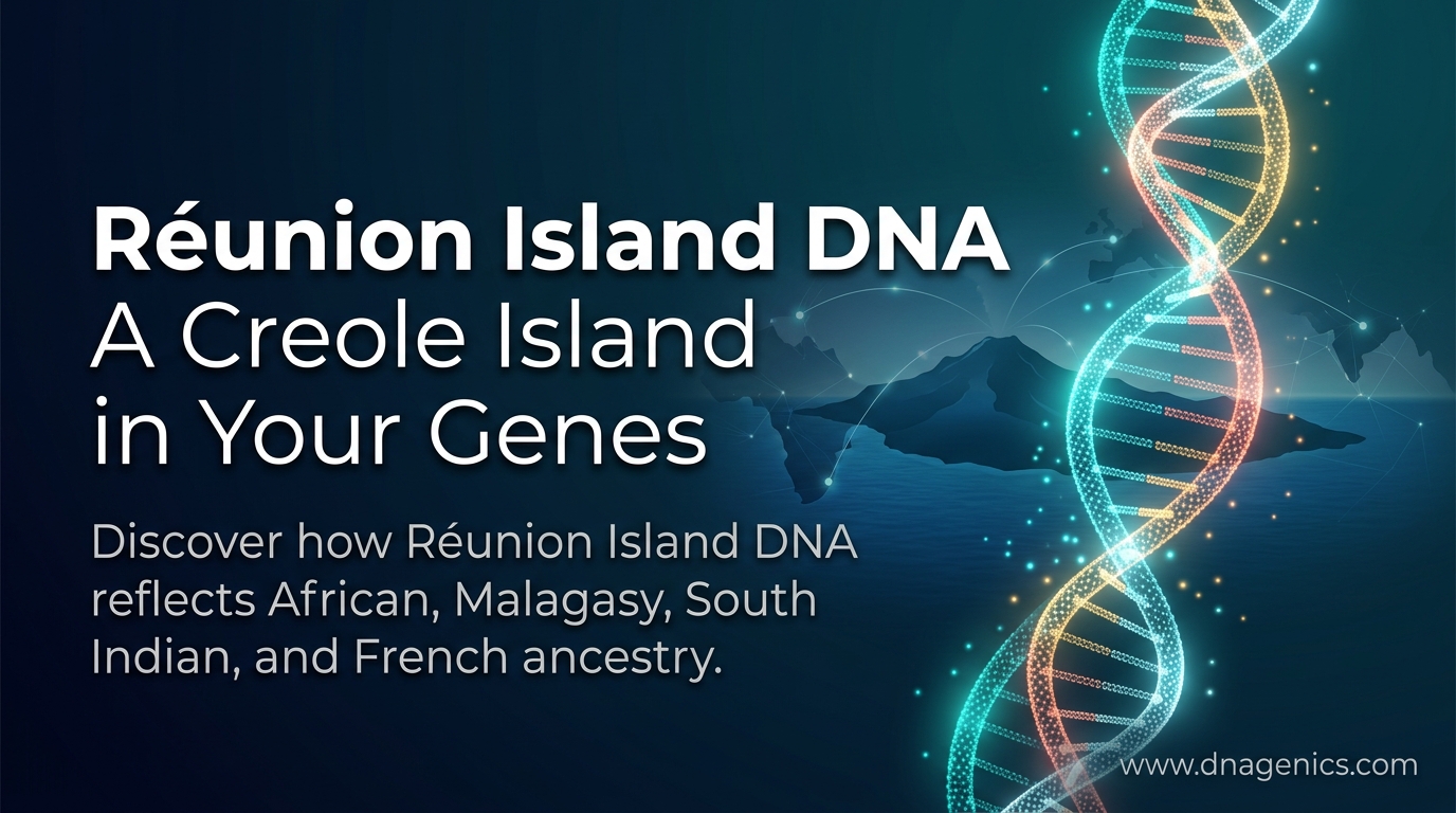 Map of Réunion Island with symbolic DNA strands representing African, Malagasy, South Indian, and French ancestry