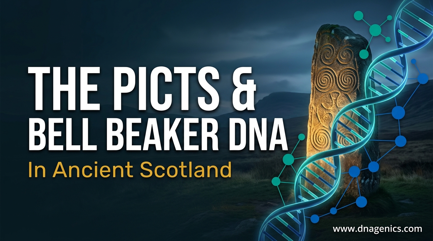 Ancient Scottish landscape with a Pictish carved stone and a DNA ancestry visual