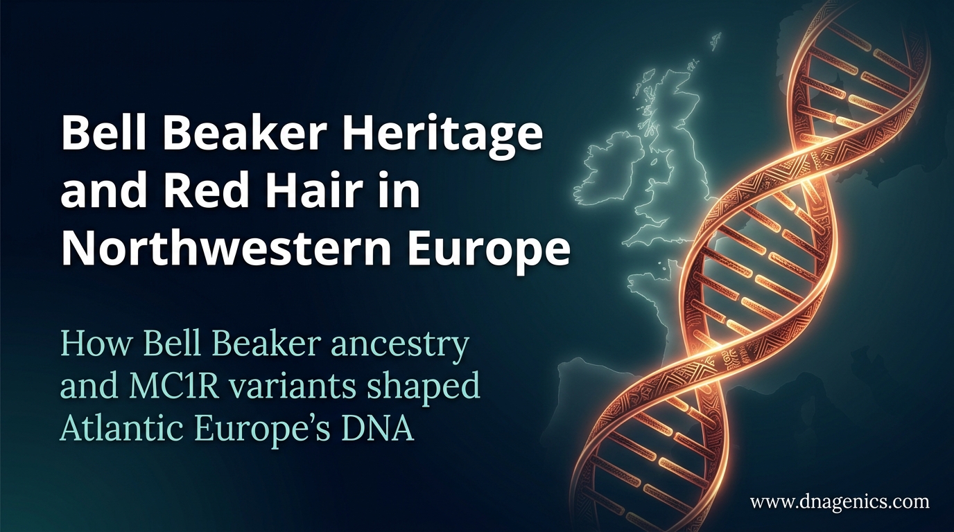 Map of red hair frequency across northwestern Europe overlaid with Bell Beaker ancestry regions
