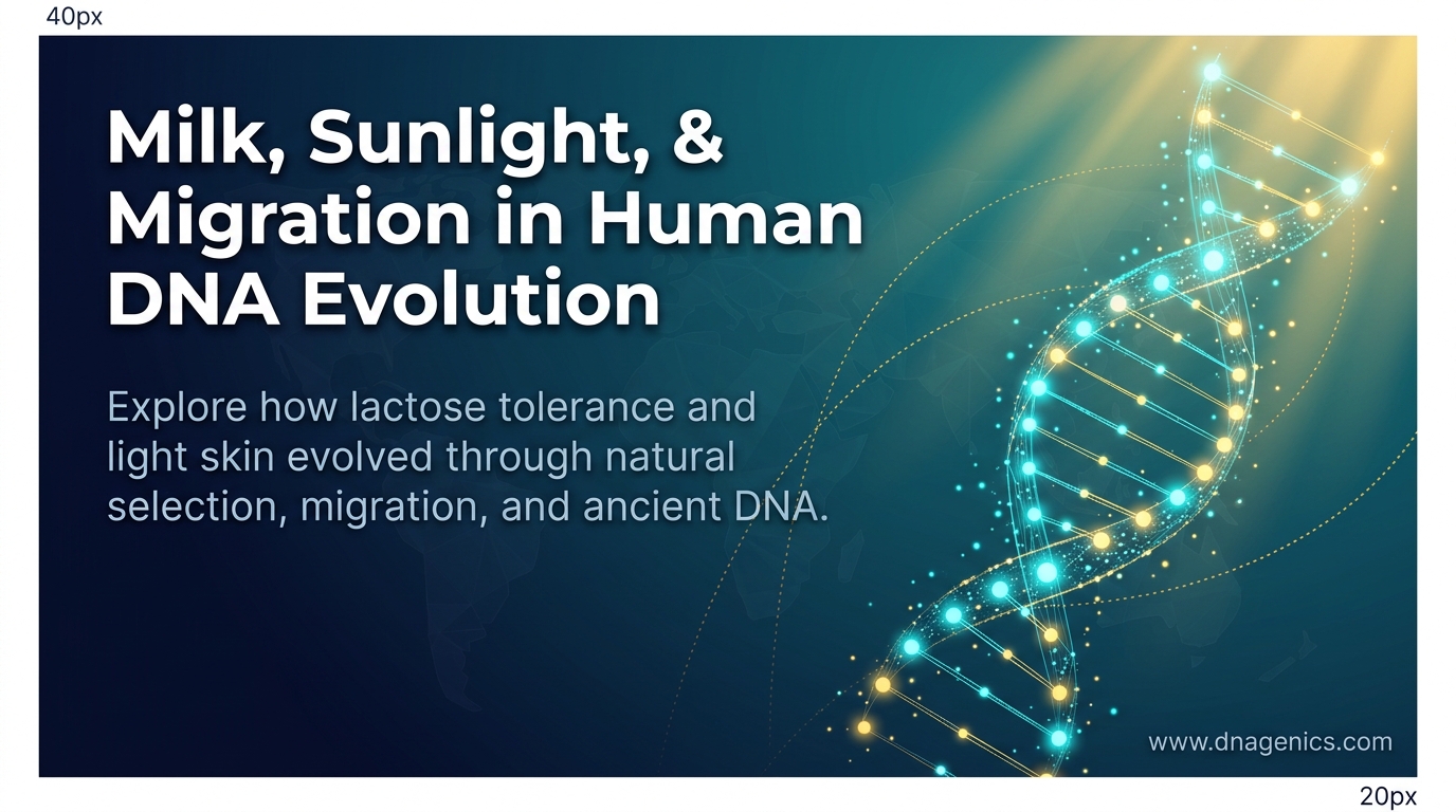 Illustration of ancient migration, dairy farming, sunlight, and human DNA adaptation