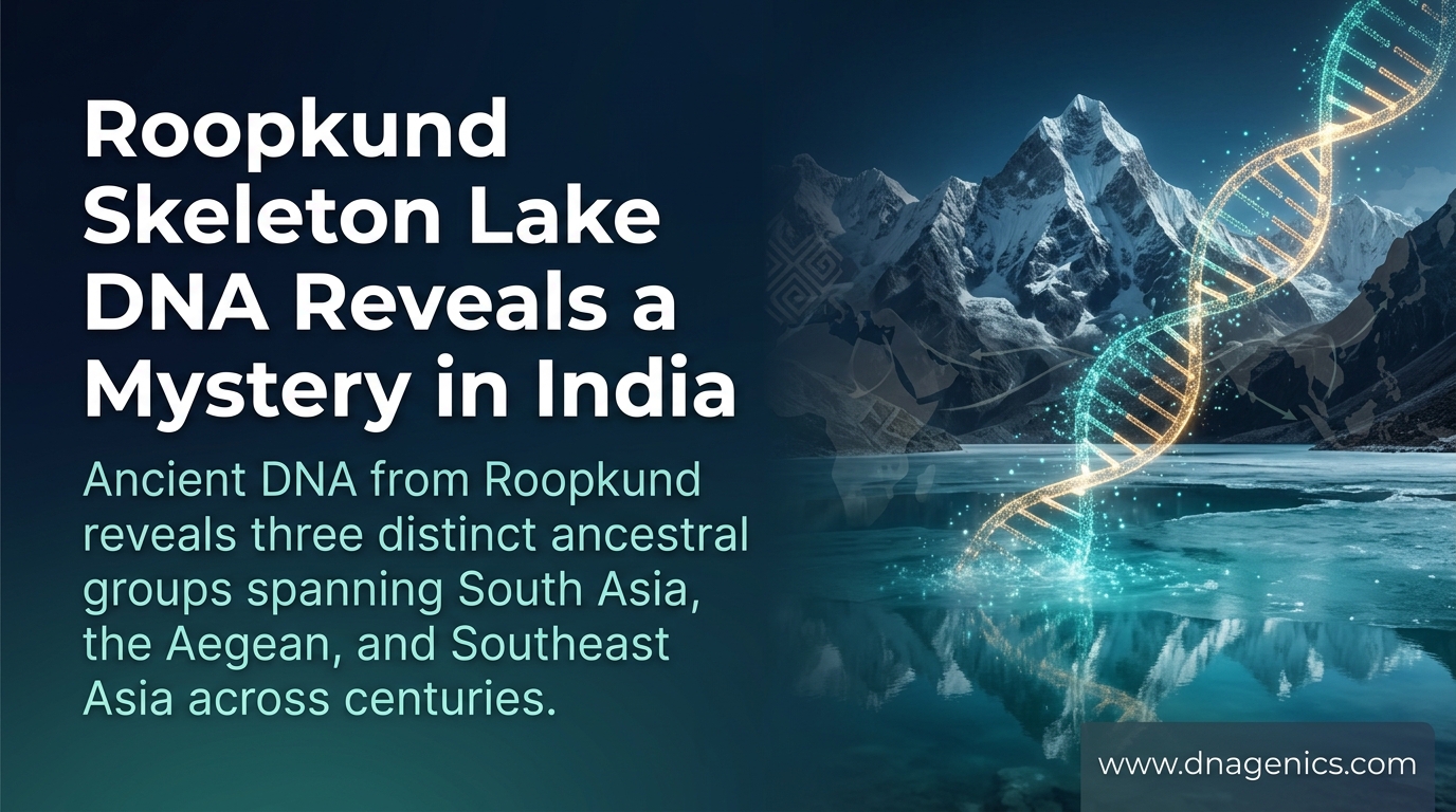 Illustration of a frozen Himalayan glacial lake with scattered human bones and snow-covered peaks in the background