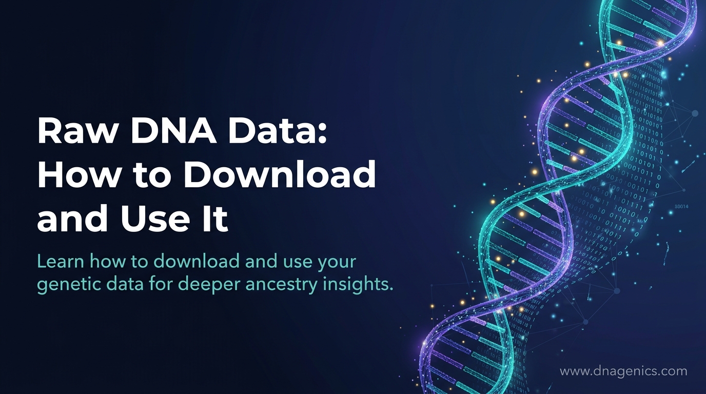 Illustration of a raw DNA data file, download icon, and ancestry analysis tools