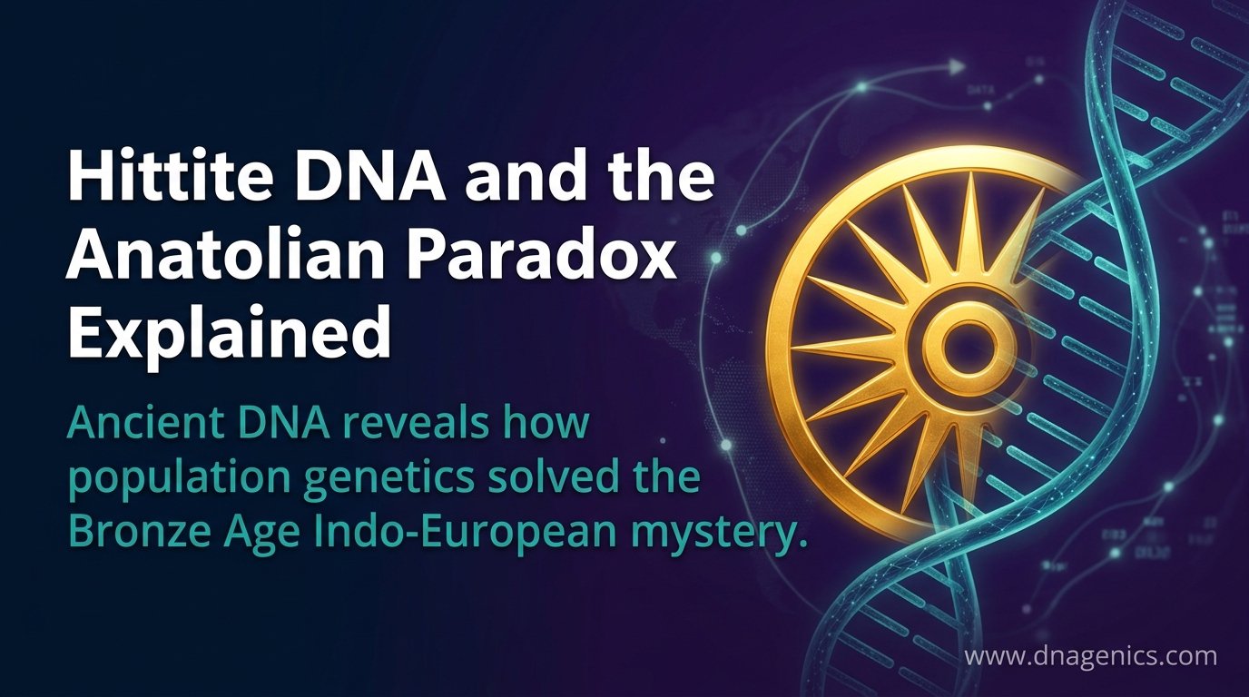 Ancient Hittite tablets and a DNA ancestry visualization showing Anatolia, the Caucasus, and steppe population links