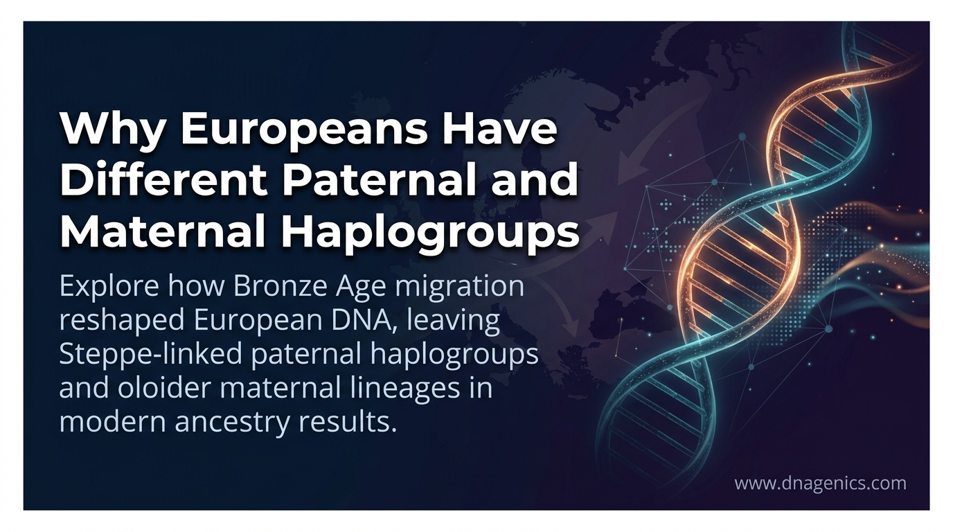 Illustration of European DNA ancestry showing paternal and maternal haplogroups, Bronze Age migration, and ancient DNA patterns