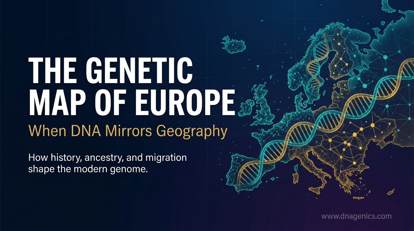 Stylized genetic map of Europe showing ancestry clusters and migration routes