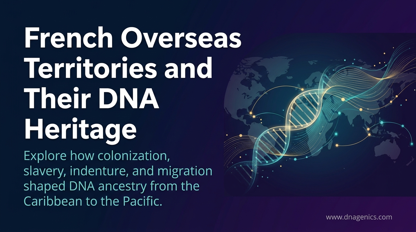 Map-style illustration of French overseas territories with DNA ancestry lines connecting the Caribbean, Indian Ocean, and Pacific