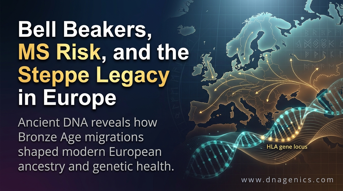 Ancient DNA map showing Bell Beaker and steppe migration routes across Europe linked to modern MS risk patterns