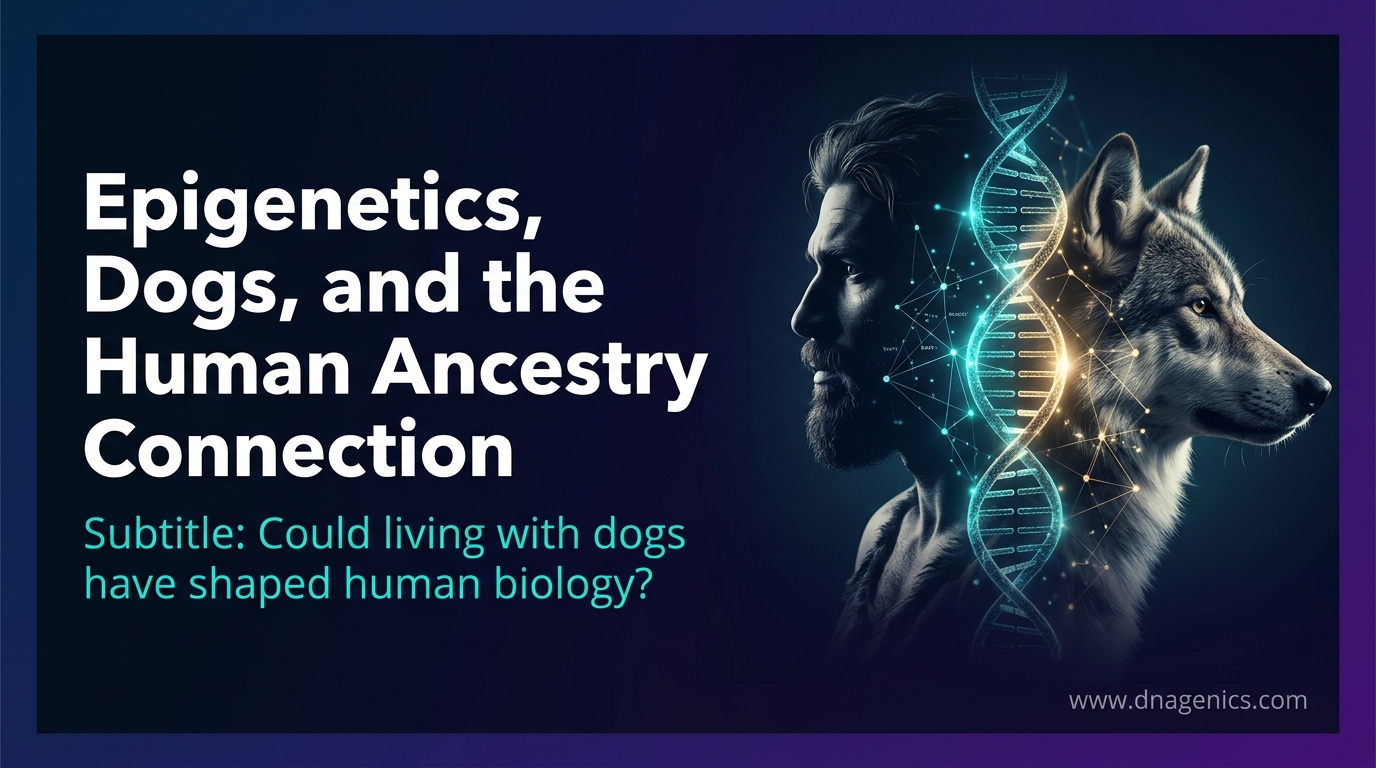 Illustration of ancient humans living with dogs, showing ancestry, migration, and epigenetic DNA connections