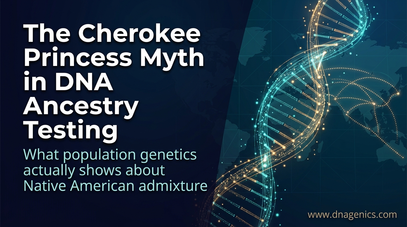 DNA ancestry testing concept with Native American genealogy, population genetics, and family history records