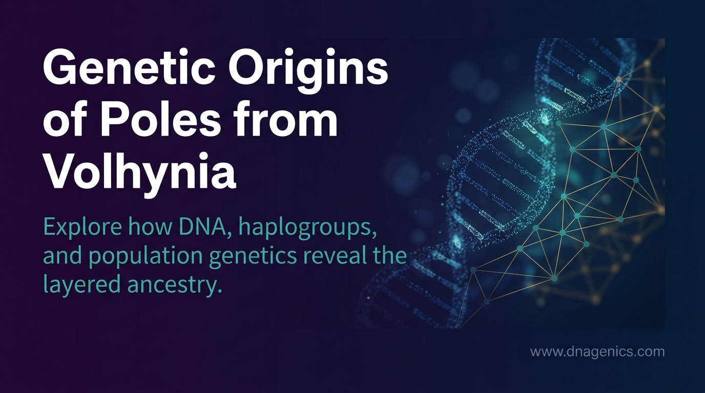 Map-style illustration of Volhynia with DNA helix, migration routes, and ancestry symbols