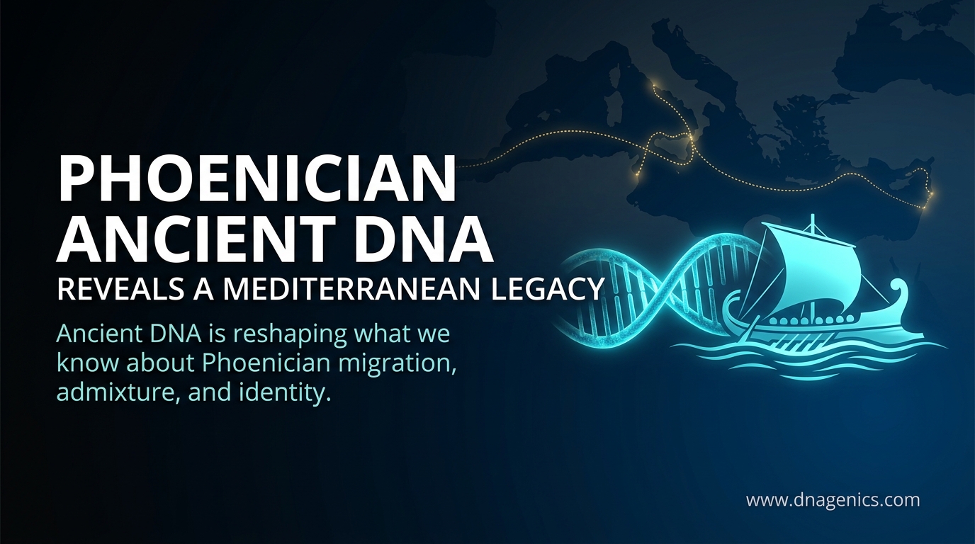 Ancient Phoenician ship traveling across the Mediterranean with coastal settlements and DNA ancestry visualization