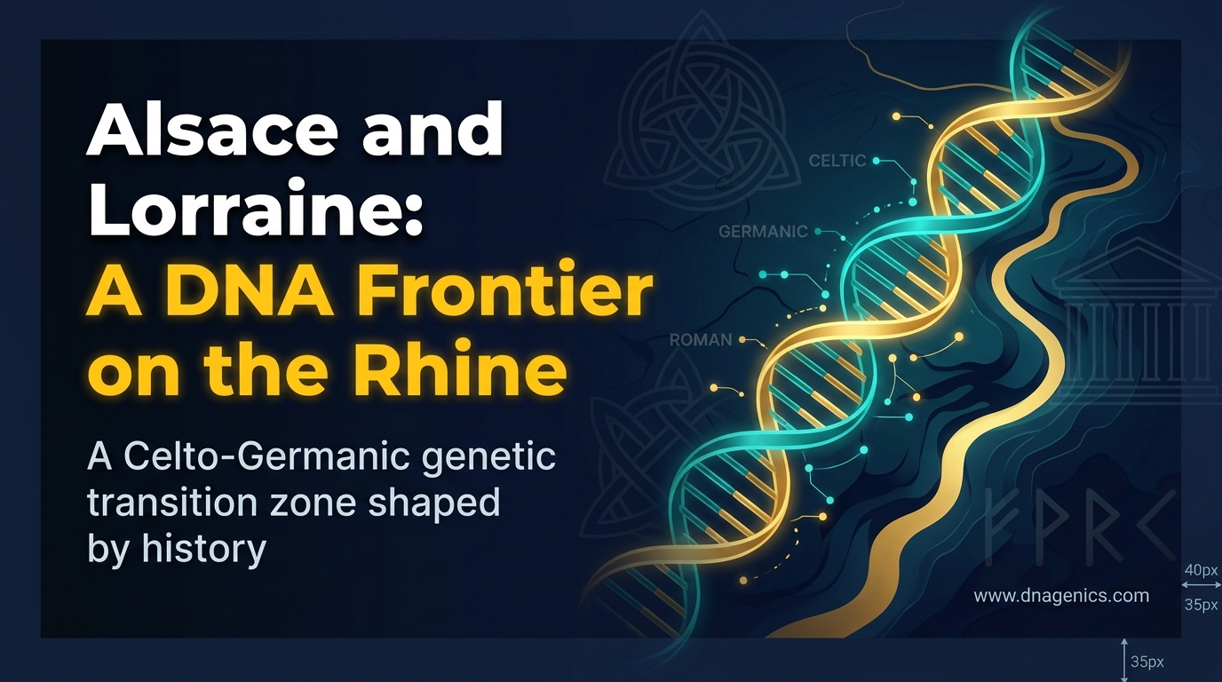 Map-style illustration of Alsace and Lorraine along the Rhine showing Celtic and Germanic ancestry layers