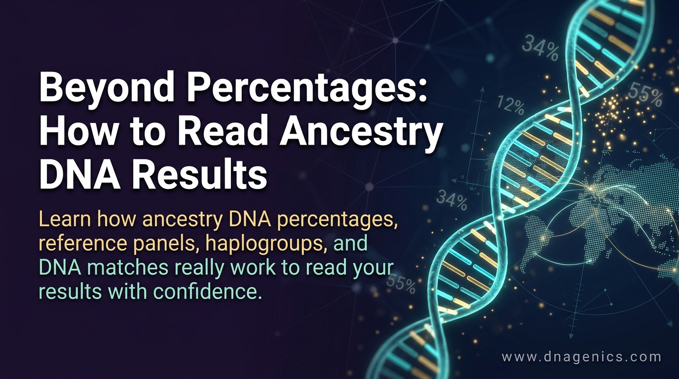 Ancestry DNA test results with chromosome segments, reference panels, and population genetics charts
