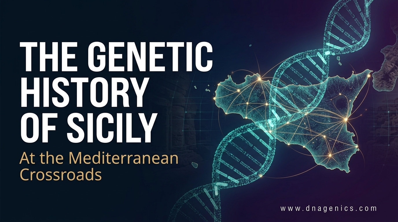 Map of Sicily with layered migration routes and ancient DNA ancestry symbols across the Mediterranean