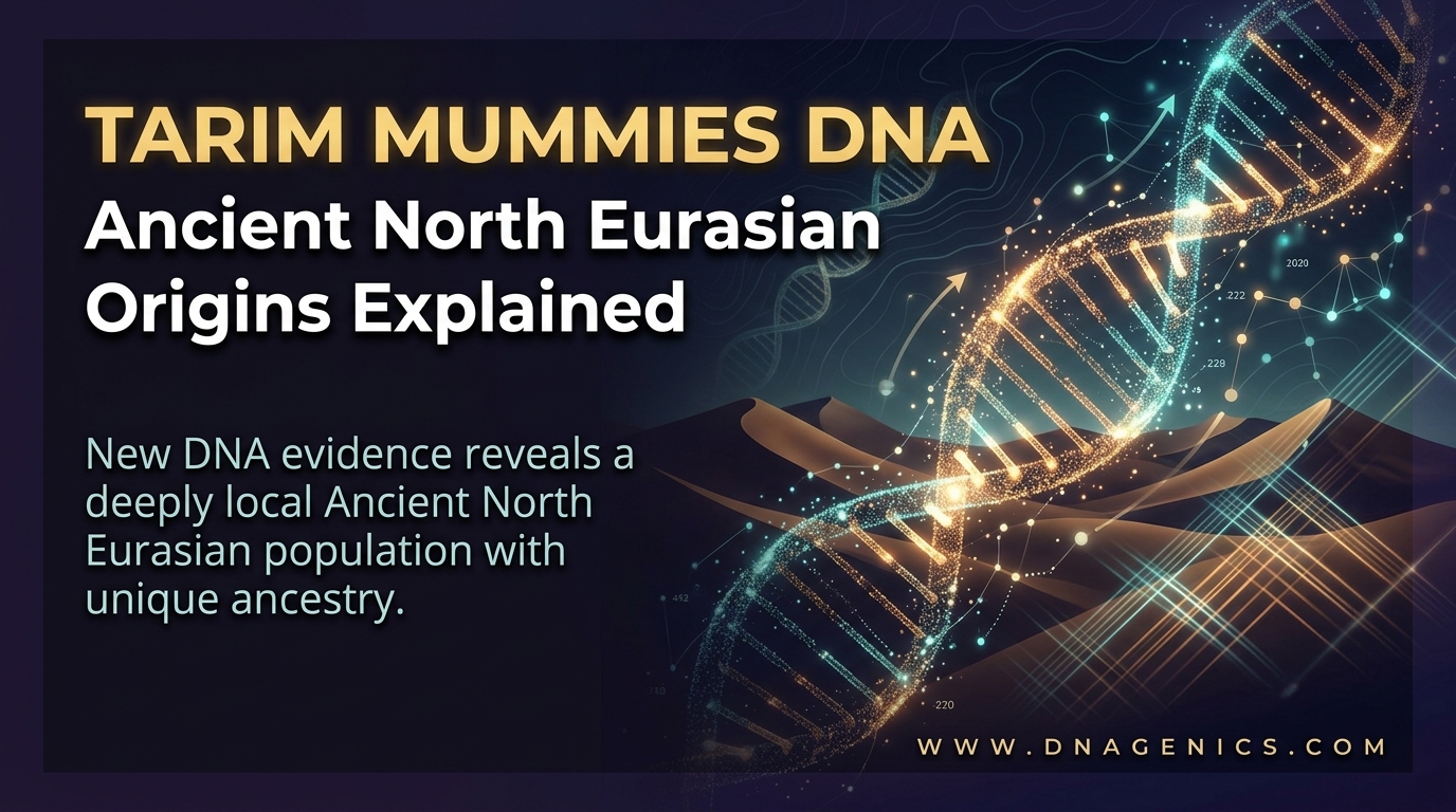 Ancient Tarim Basin mummy burial site in the desert, showing Bronze Age archaeology and DNA ancestry context