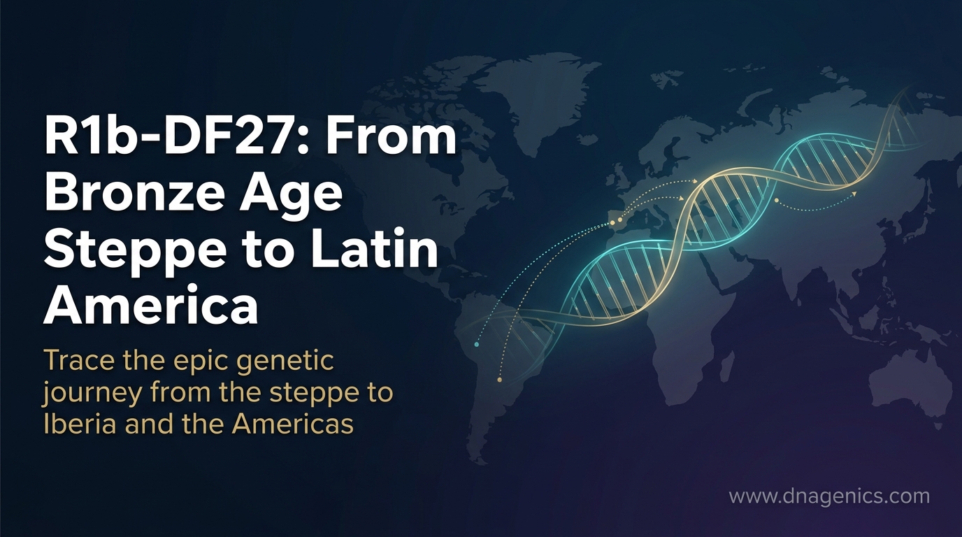 Illustration of R1b-DF27 DNA ancestry route from the Pontic-Caspian steppe through Iberia to Latin America