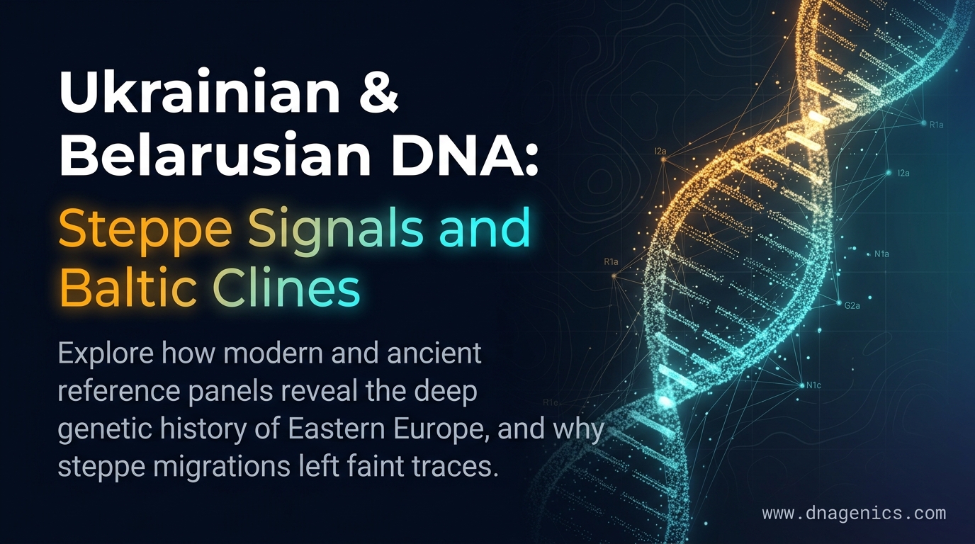 Map of Eastern Europe showing Ukrainian and Belarusian DNA regions, steppe migration routes, and ancient population layers