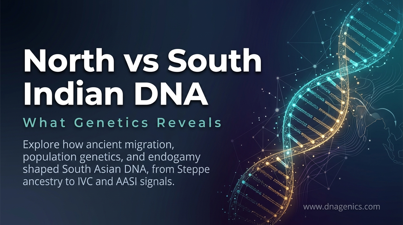 Map-style graphic showing North and South Indian DNA ancestry gradients with migration and ancient population layers