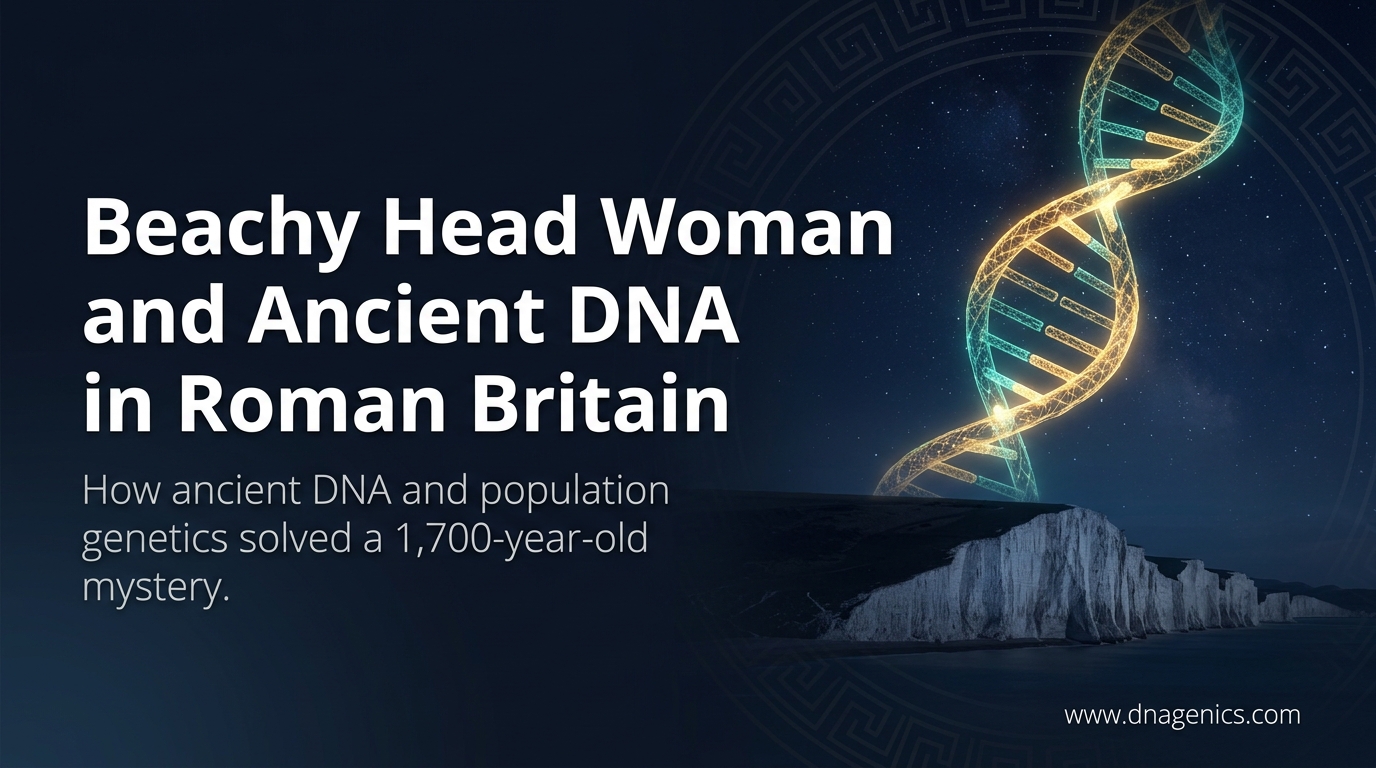 Illustration of an ancient Roman Britain skeleton and DNA analysis graphics on a coastal cliff background
