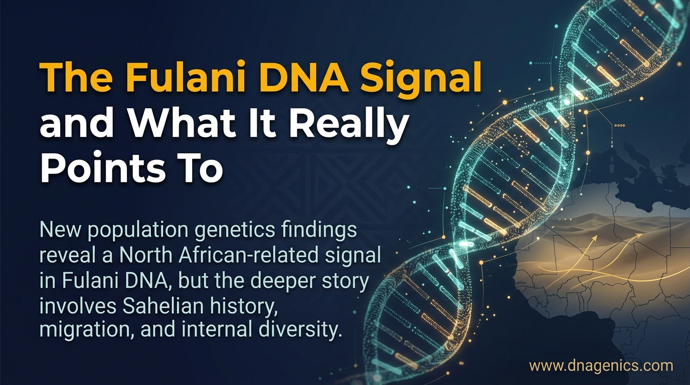 Map-style illustration of Fulani migration routes across the Sahel with DNA ancestry markers