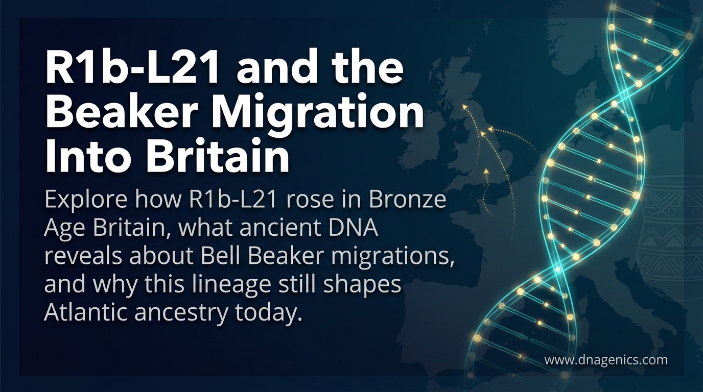 Ancient DNA map showing the spread of R1b-L21 with Bell Beaker migrations into Britain and Atlantic Europe