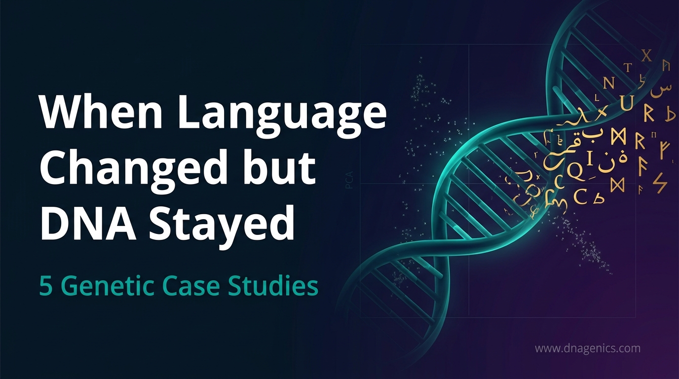 Ancient DNA and PCA genetic map showing language shift without major ancestry change