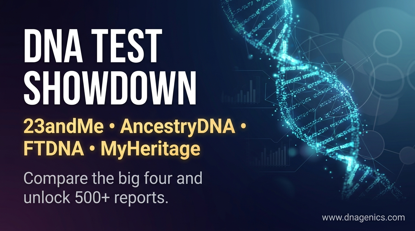 Collage of major DNA testing brands and the DNAGENICS platform