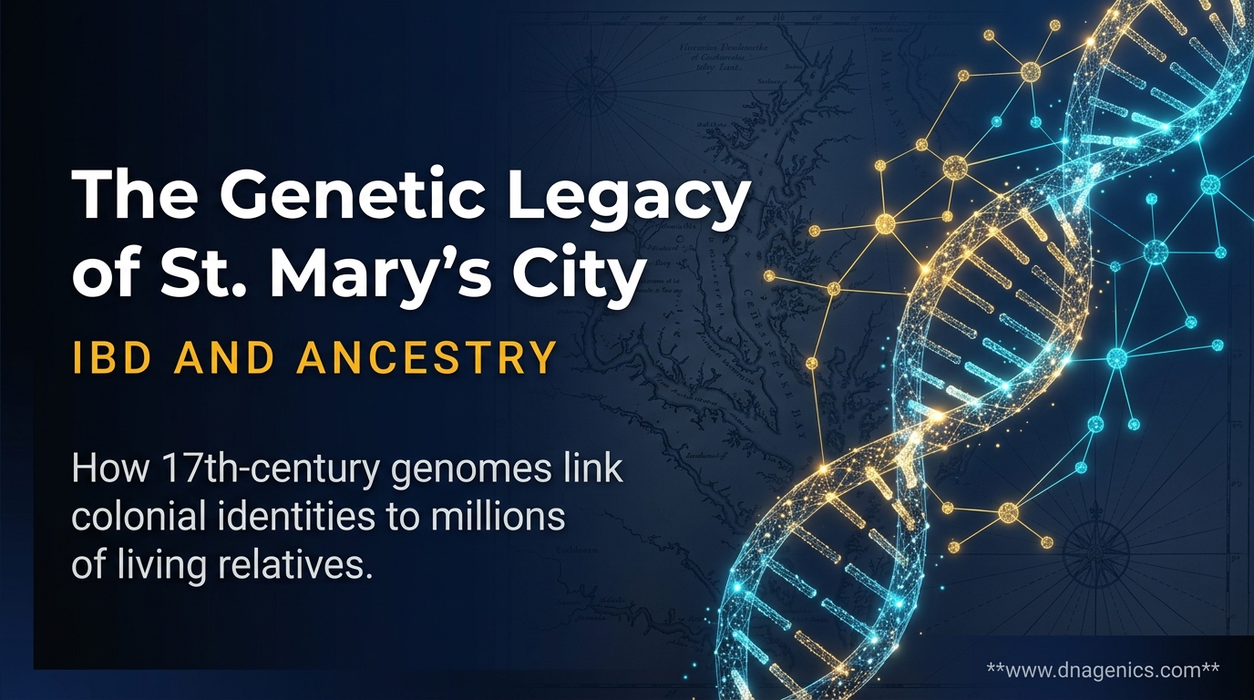 Infographic and genetic network showing connections from St. Mary’s City residents to modern populations