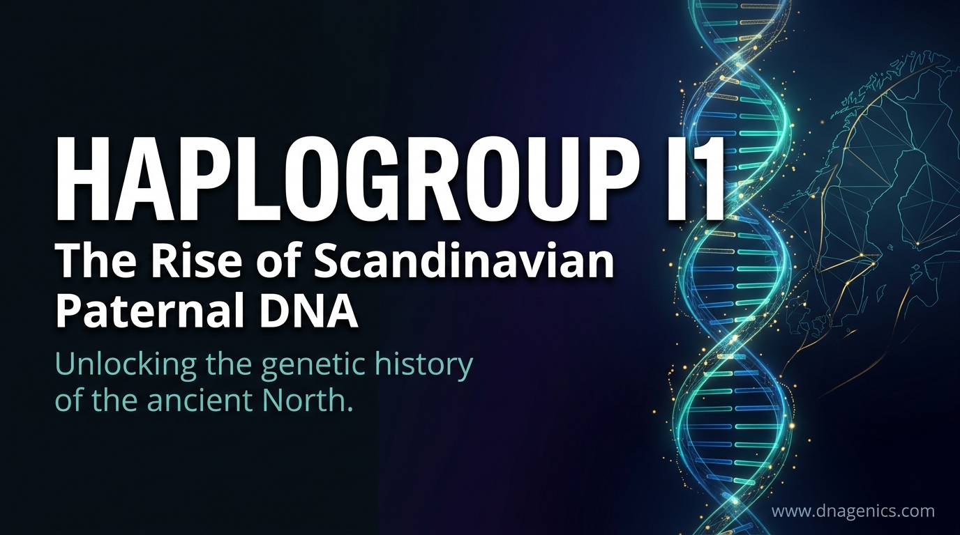Map of prehistoric Scandinavia with ancient DNA markers and haplogroup I1 migration patterns