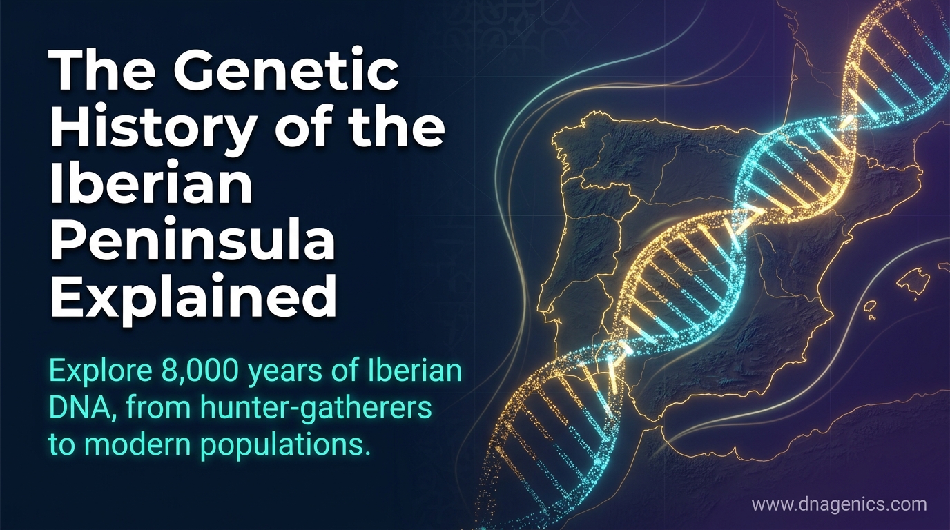 Map of the Iberian Peninsula showing ancient DNA migration layers and ancestry patterns
