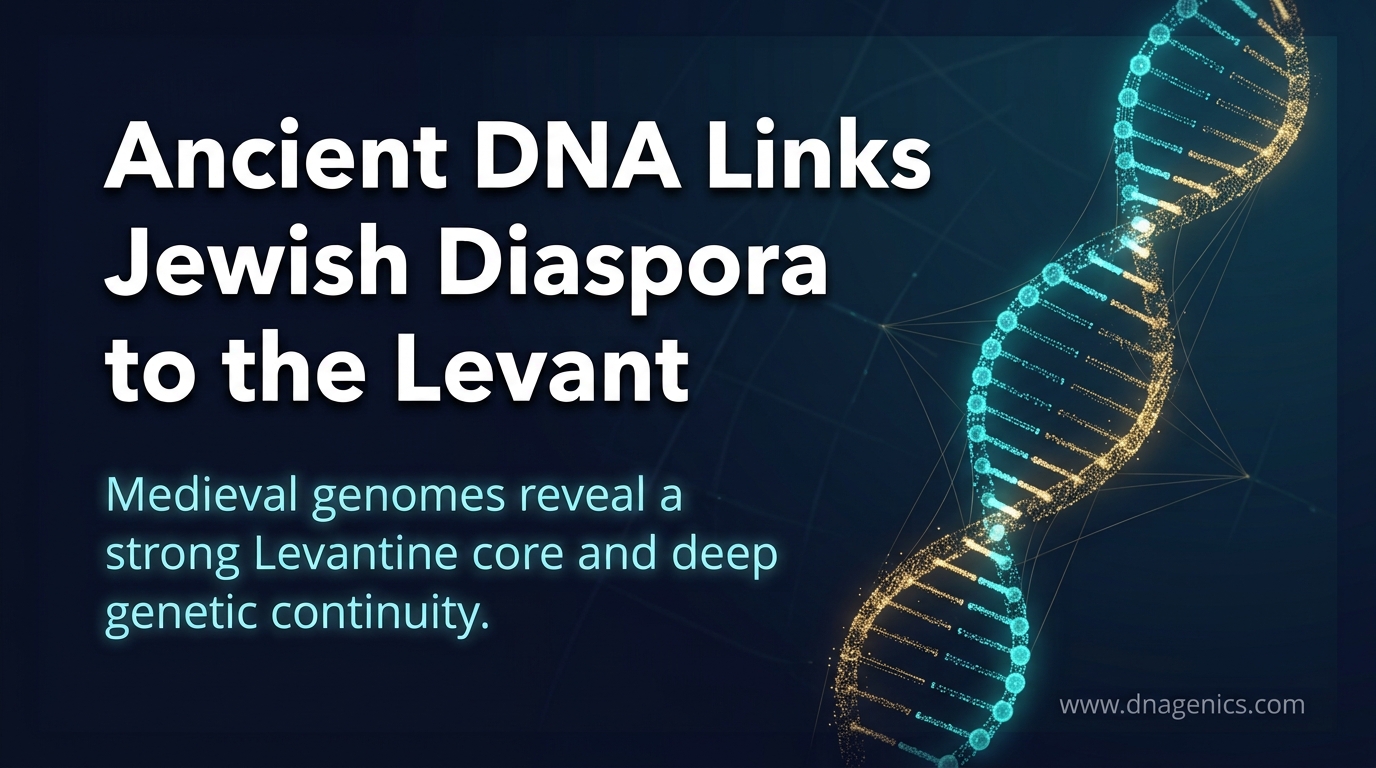 Illustration of medieval Jewish migration from the Levant to Europe with DNA helix and ancient map