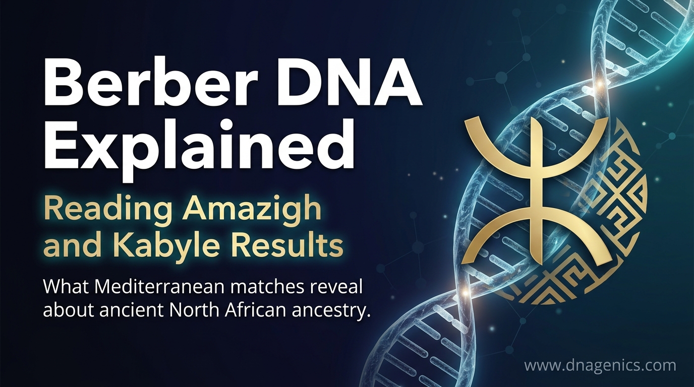 Illustration of Amazigh and Kabyle DNA ancestry results with North African, Iberian, and Sardinian categories