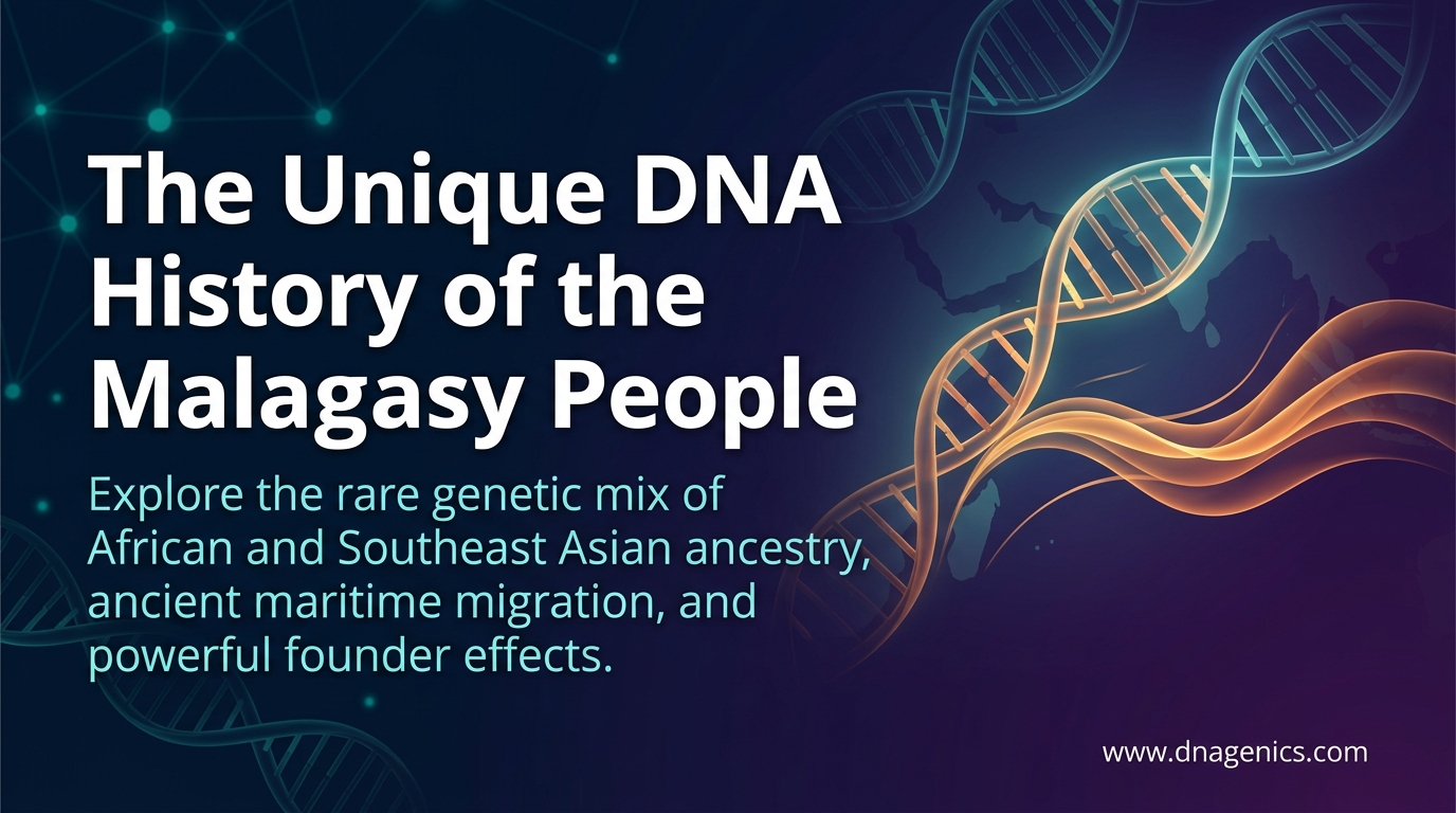 Illustration of Madagascar connected by DNA lines to southern Borneo and the Mozambique coast