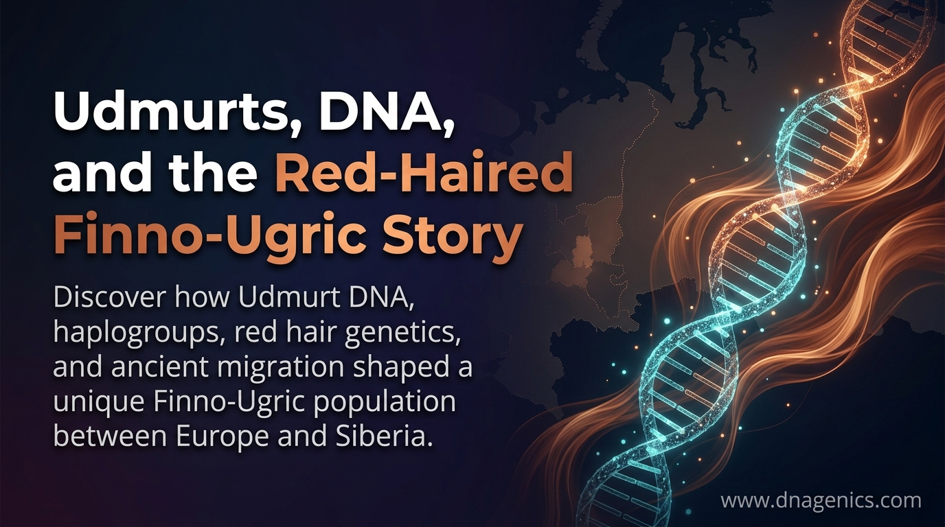 Portrait-style ancestry illustration of Udmurt people with red hair, traditional clothing, and a Volga-Ural landscape