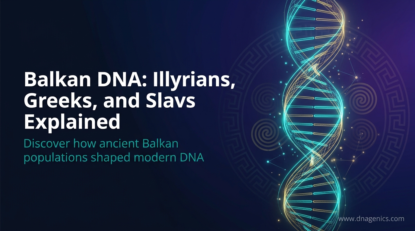 Map-style illustration of Balkan ancestry showing Illyrian, Thracian, Greek, and Slavic DNA regions