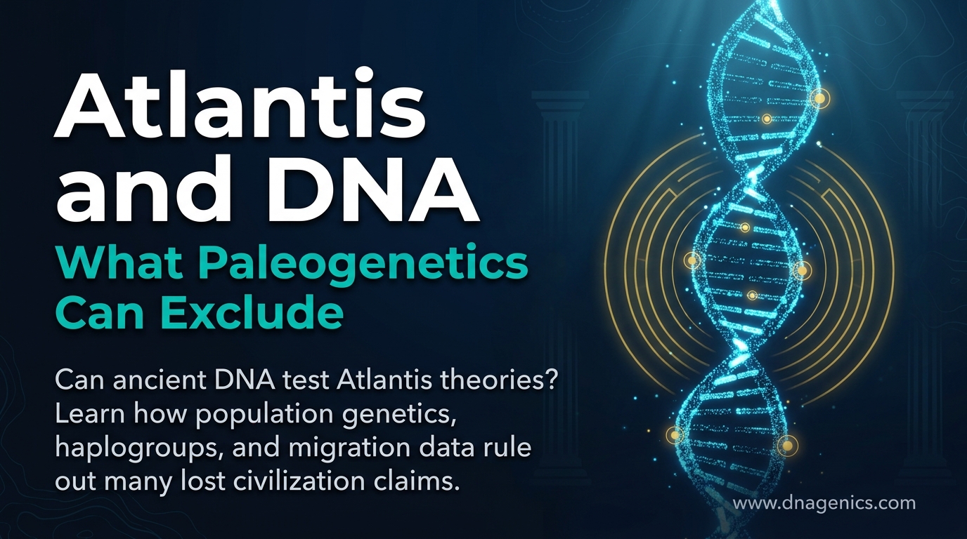 Ancient DNA strands overlaid on a map of the Mediterranean and Atlantic regions with a symbolic Atlantis illustration