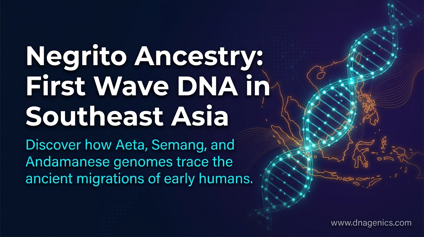 Map-style illustration of Southeast Asia showing Aeta, Semang, and Andamanese ancestry connections with migration routes and DNA markers