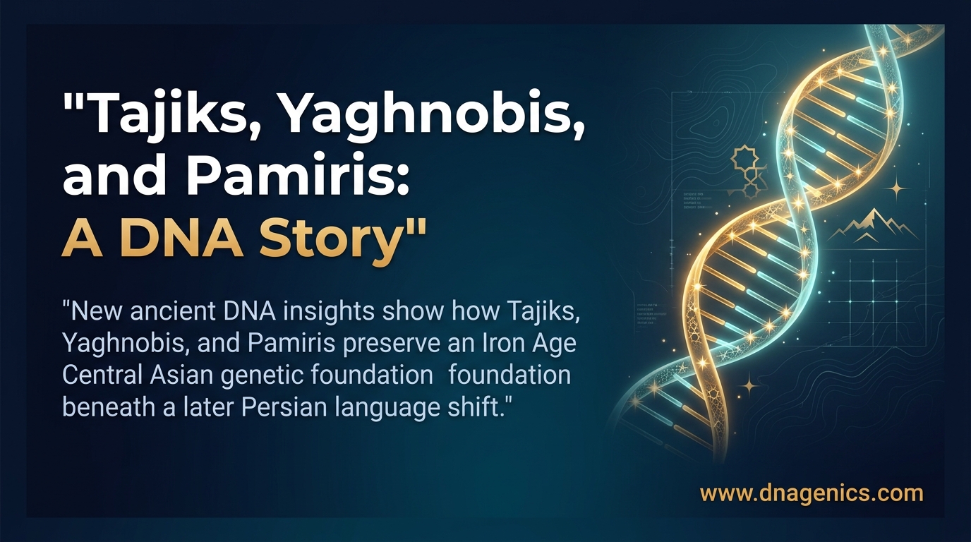 Map-style illustration of Tajik, Yaghnobi, and Pamiri regions with ancient DNA and migration layers