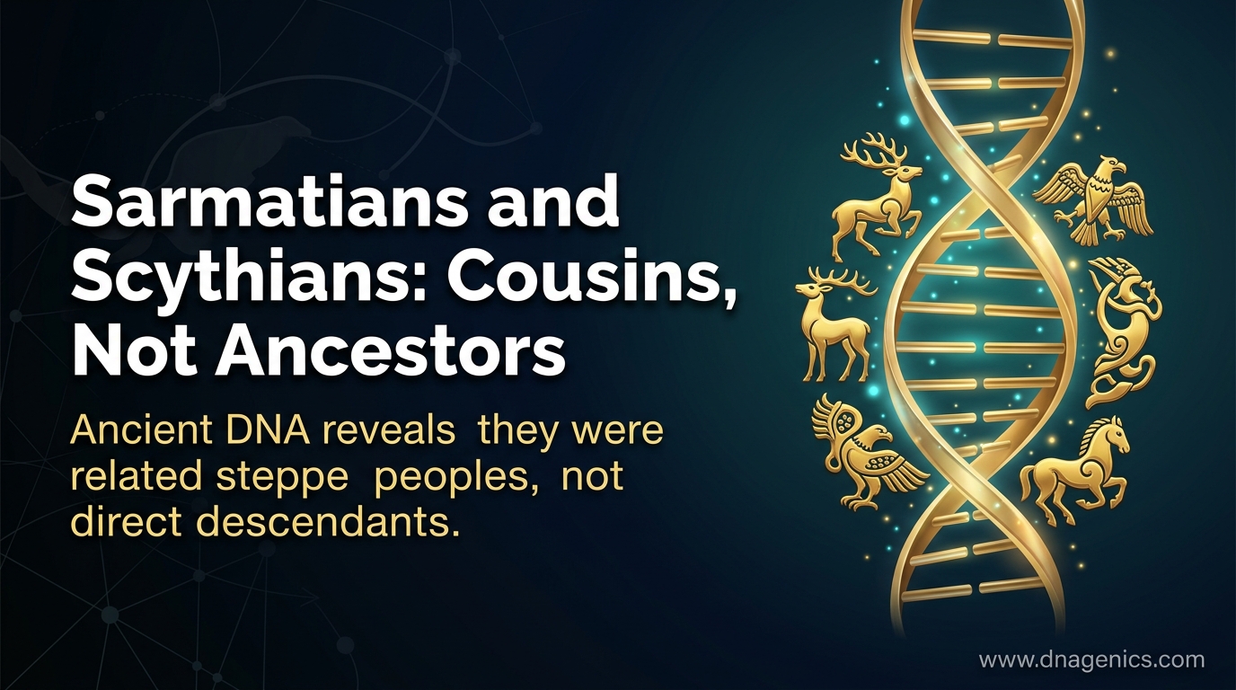 Ancient Sarmatian horse riders on the Eurasian steppe with a genetic ancestry map in the background