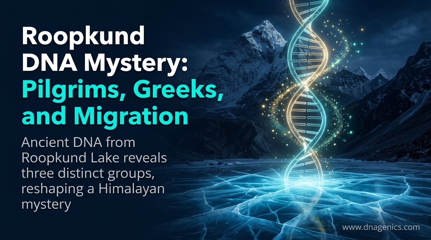 Illustration of a frozen Himalayan lake with human bones near the shore, showing the Roopkund ancient DNA mystery