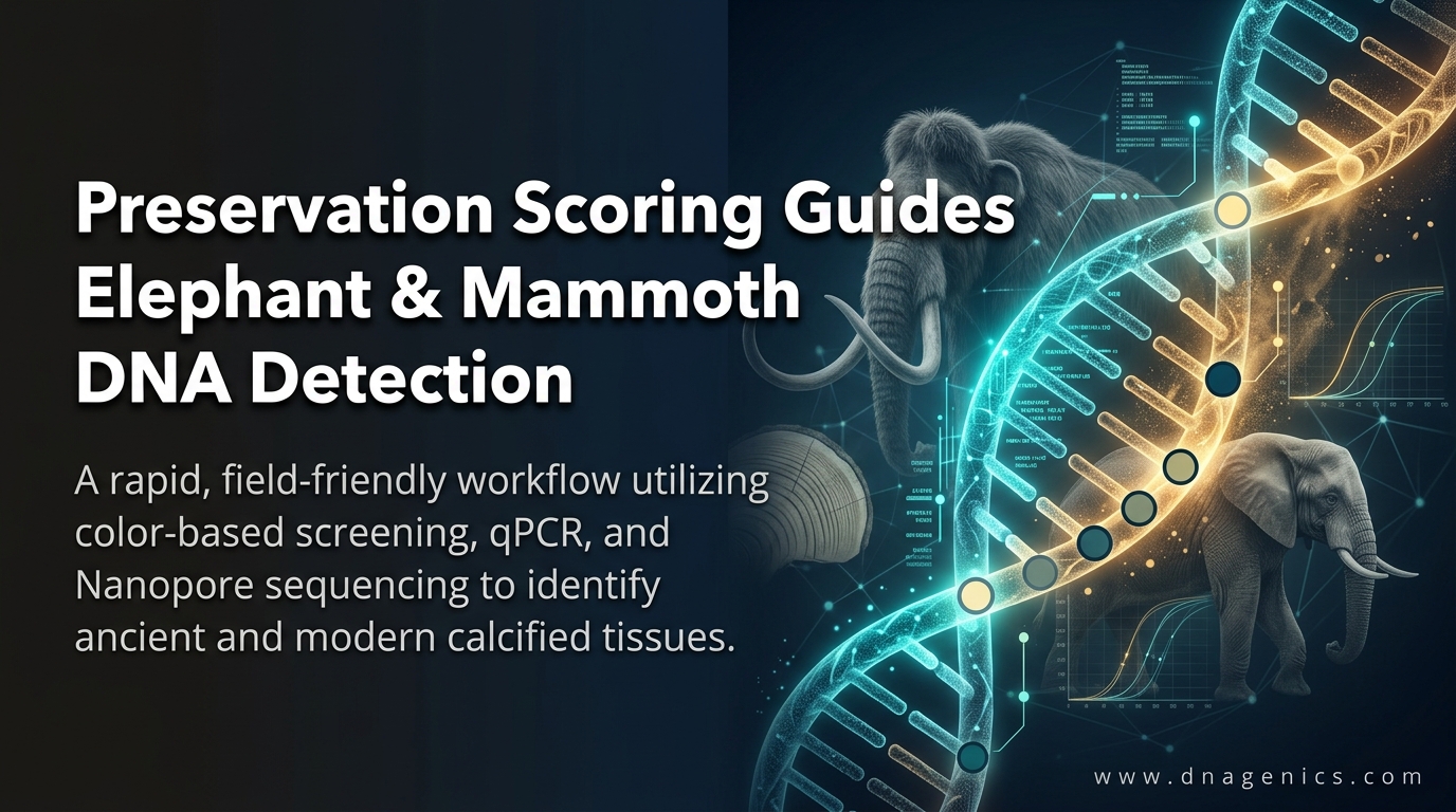 Infographic illustrating preservation scoring and DNA detection workflow for elephant and mammoth samples.