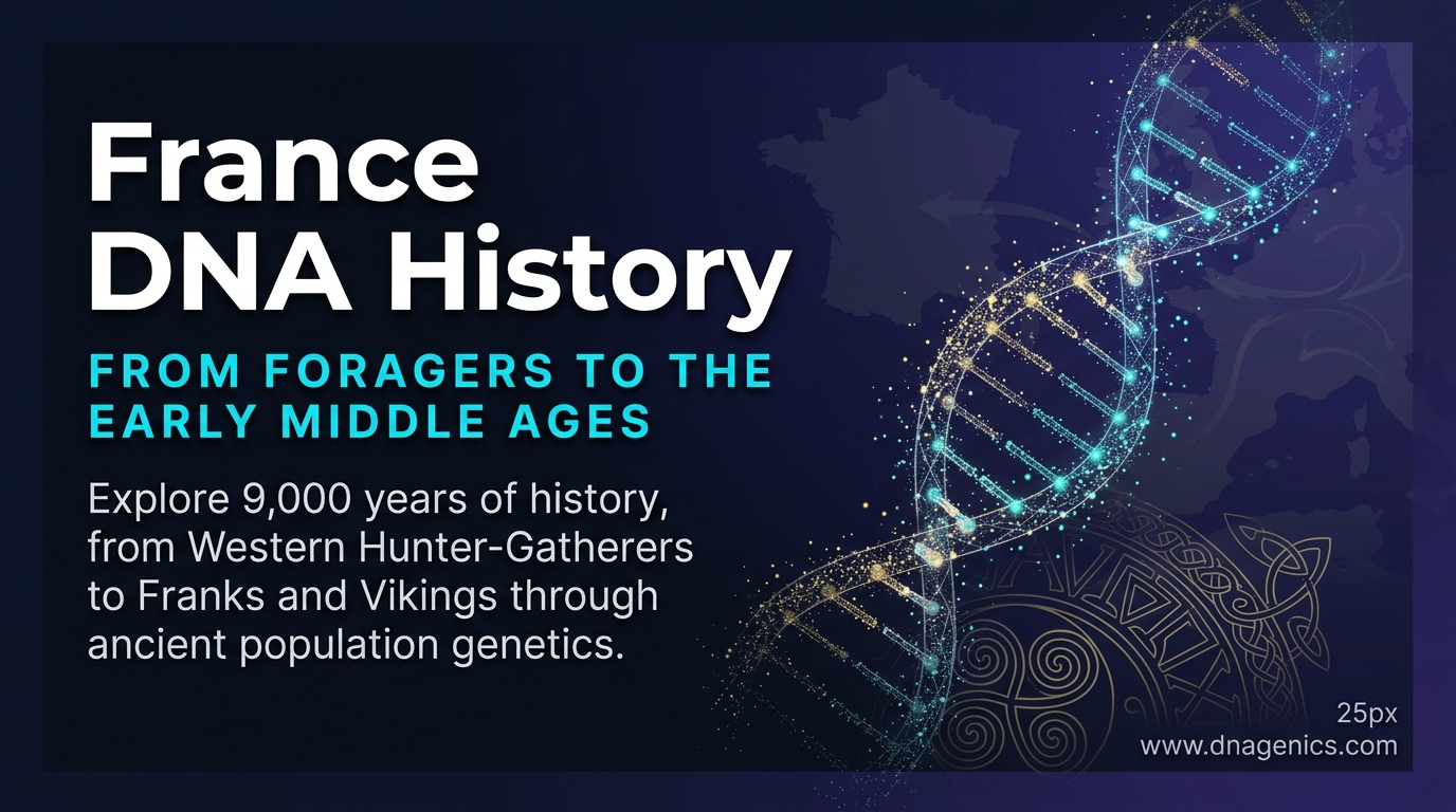 Timeline of France DNA history showing hunter-gatherers, farmers, steppe ancestry, Romans, Franks, and Vikings