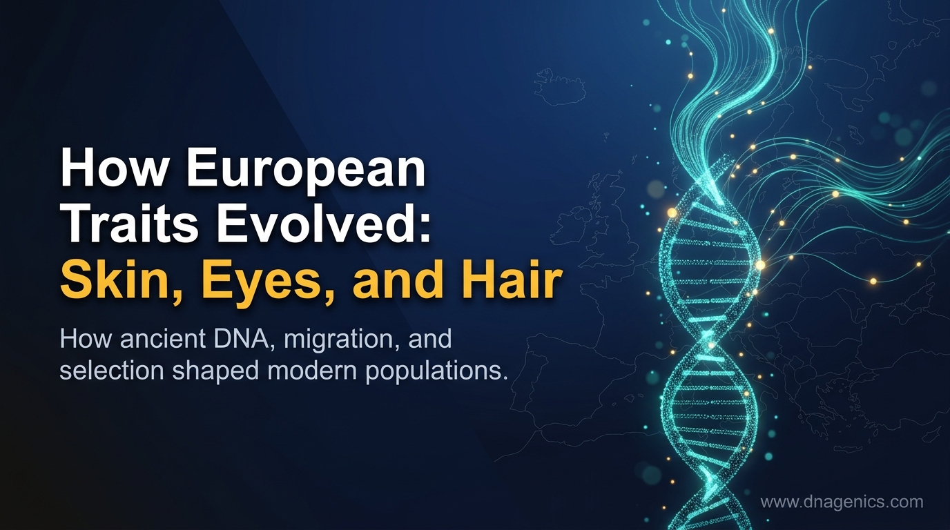 Illustration of ancient European populations and DNA traits linked to skin, eye, and hair color evolution
