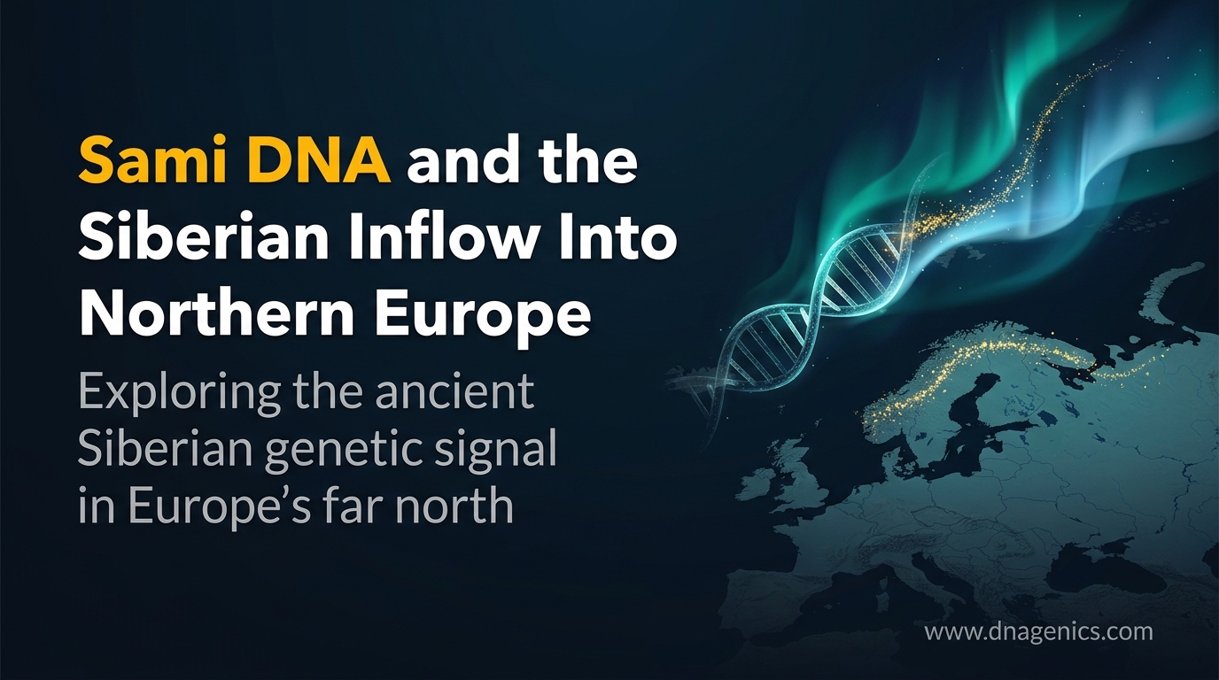 Map of northern Europe and Siberia showing Sami ancestry, migration routes, and ancient DNA connections