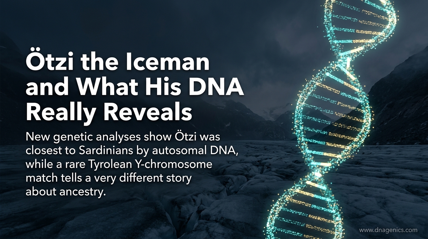 Otzi the Iceman reconstruction with DNA ancestry map and Alpine backdrop