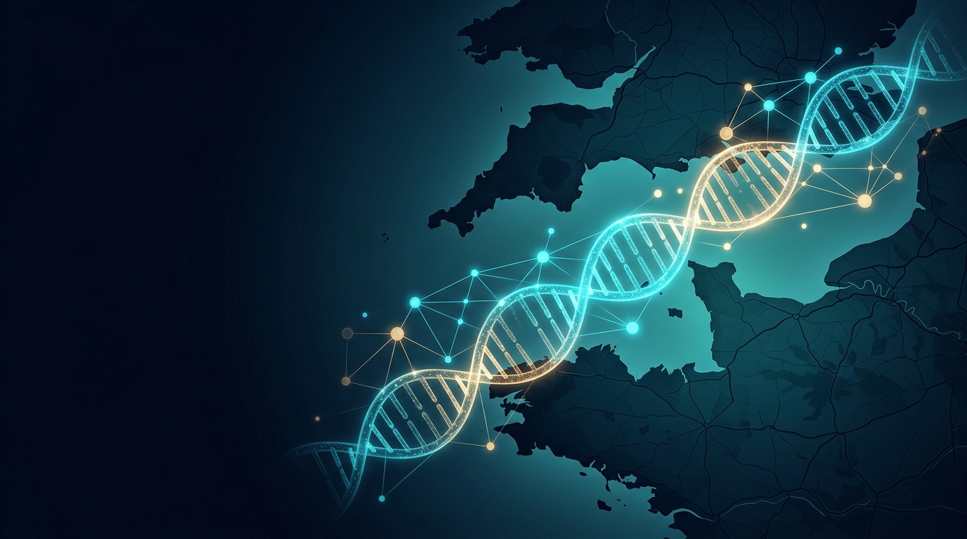 Map of Brittany, Britain, and northwestern France showing ancient DNA and migration connections across the Channel